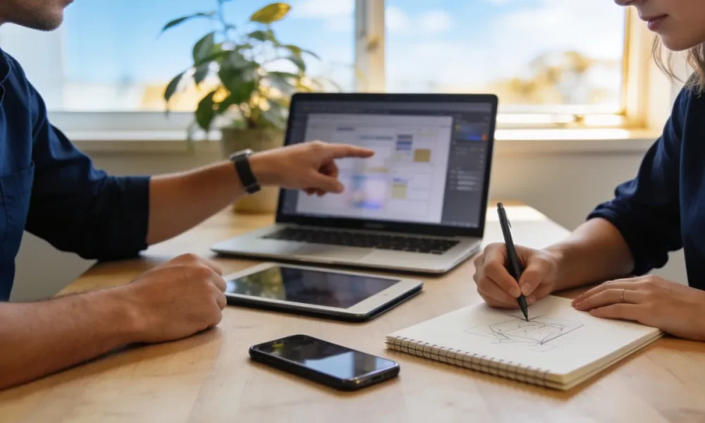 Two colleagues collaborating over a laptop, tablet and notebook at a sunlit home-office table.