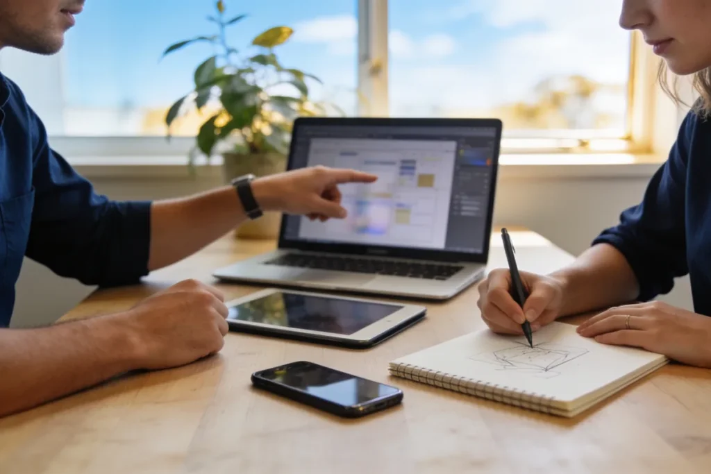 Two colleagues collaborating over a laptop, tablet and notebook at a sunlit home-office table.