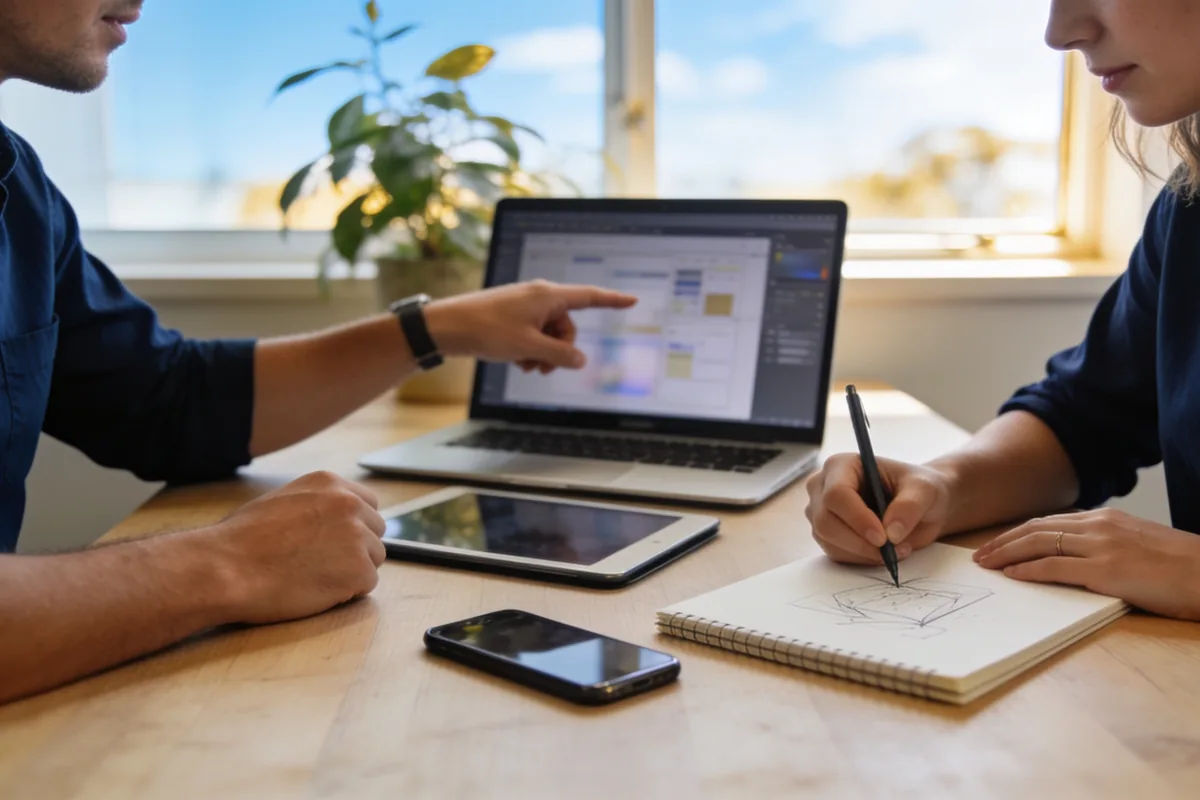 Two colleagues collaborating over a laptop, tablet and notebook at a sunlit home-office table.