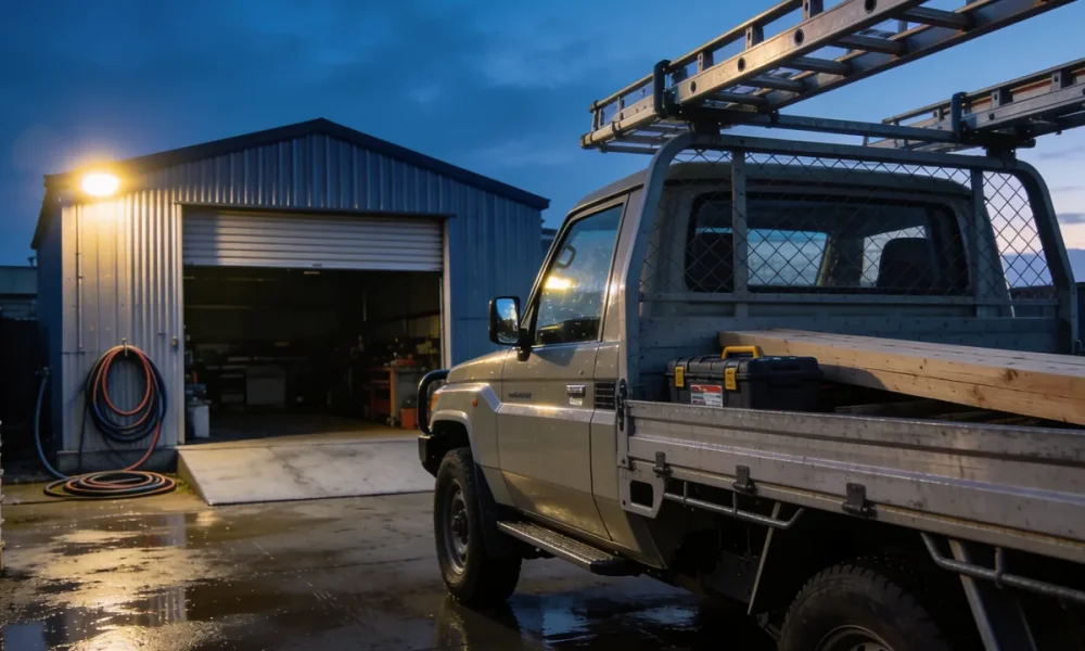 Silver work ute with a ladder rack, toolbox and timber in its tray, parked on a wet concrete apron in front of a corrugated iron workshop with an open roller door in the early morning