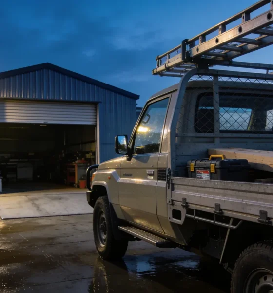 Silver work ute with a ladder rack, toolbox and timber in its tray, parked on a wet concrete apron in front of a corrugated iron workshop with an open roller door in the early morning