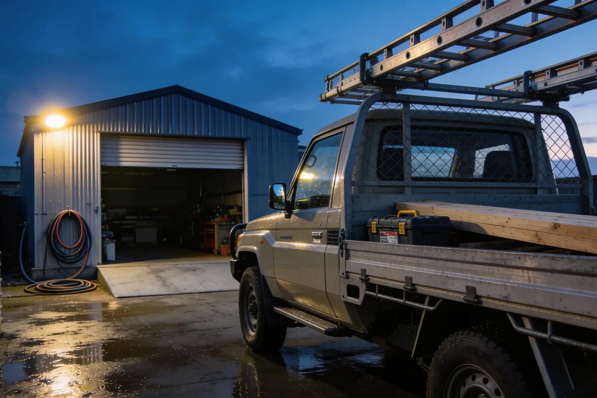 Silver work ute with a ladder rack, toolbox and timber in its tray, parked on a wet concrete apron in front of a corrugated iron workshop with an open roller door in the early morning