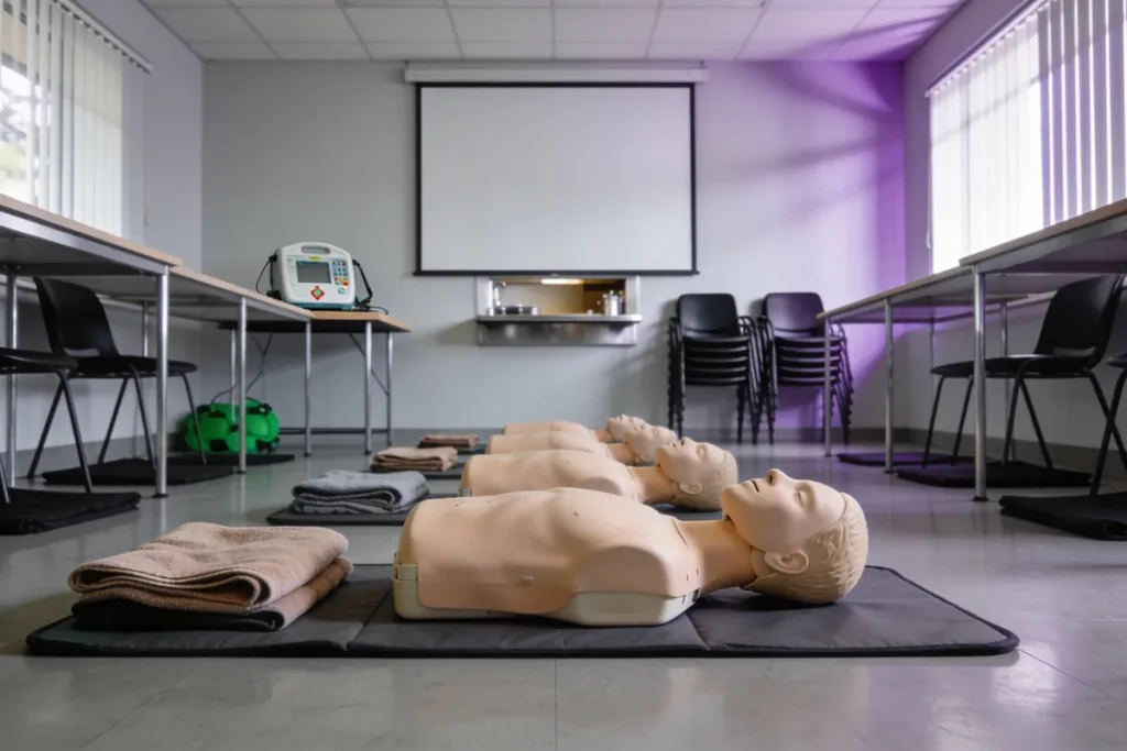 Community training room set up for a first aid course, with a row of CPR manikins on floor mats, folded blankets and a training defibrillator on a table below a blank projector screen