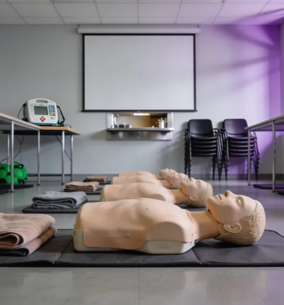 Community training room set up for a first aid course, with a row of CPR manikins on floor mats, folded blankets and a training defibrillator on a table below a blank projector screen