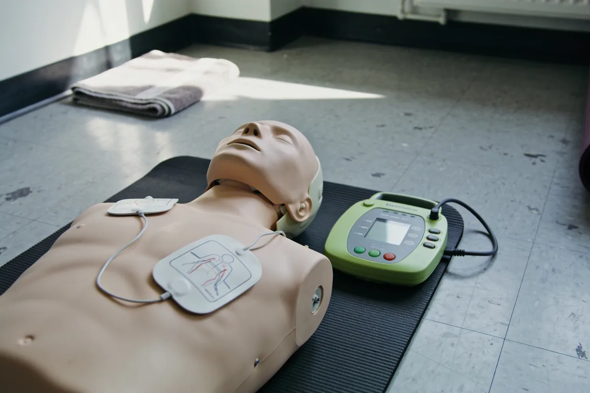 Close view of a CPR training manikin torso on a floor mat with two training defibrillator pads on its chest and a training defibrillator beside it on the mat