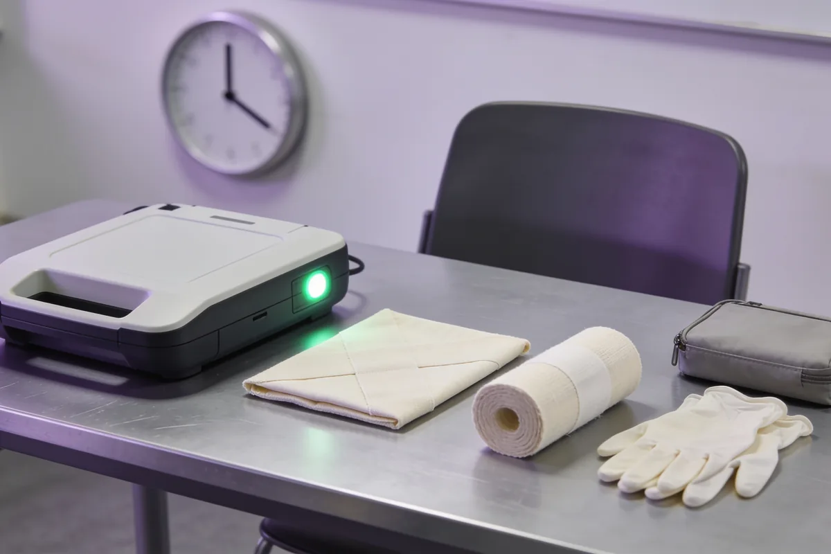 Training defibrillator with a lit indicator set out on a steel table with a rolled bandage, a folded triangular bandage, gloves and a small carry case, an empty chair and a plain-faced clock behind