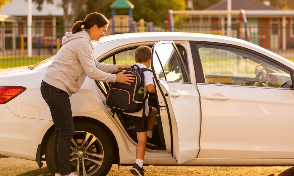A parent helping a child with a backpack into the back seat of a waiting car in a school pickup zone in the late afternoon.