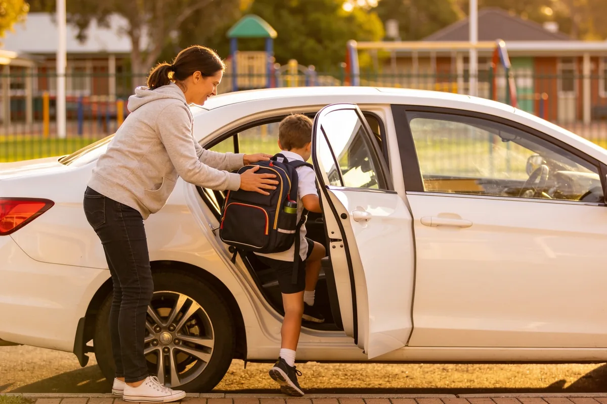 A parent helping a child with a backpack into the back seat of a waiting car in a school pickup zone in the late afternoon.