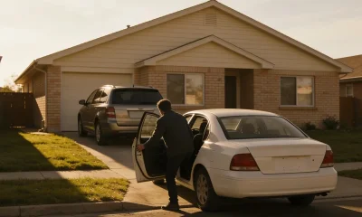 A car parked in a suburban driveway while a person opens the door of a waiting car at the kerb in the morning.