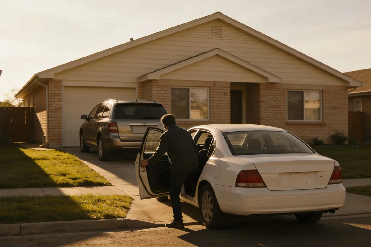 A car parked in a suburban driveway while a person opens the door of a waiting car at the kerb in the morning.