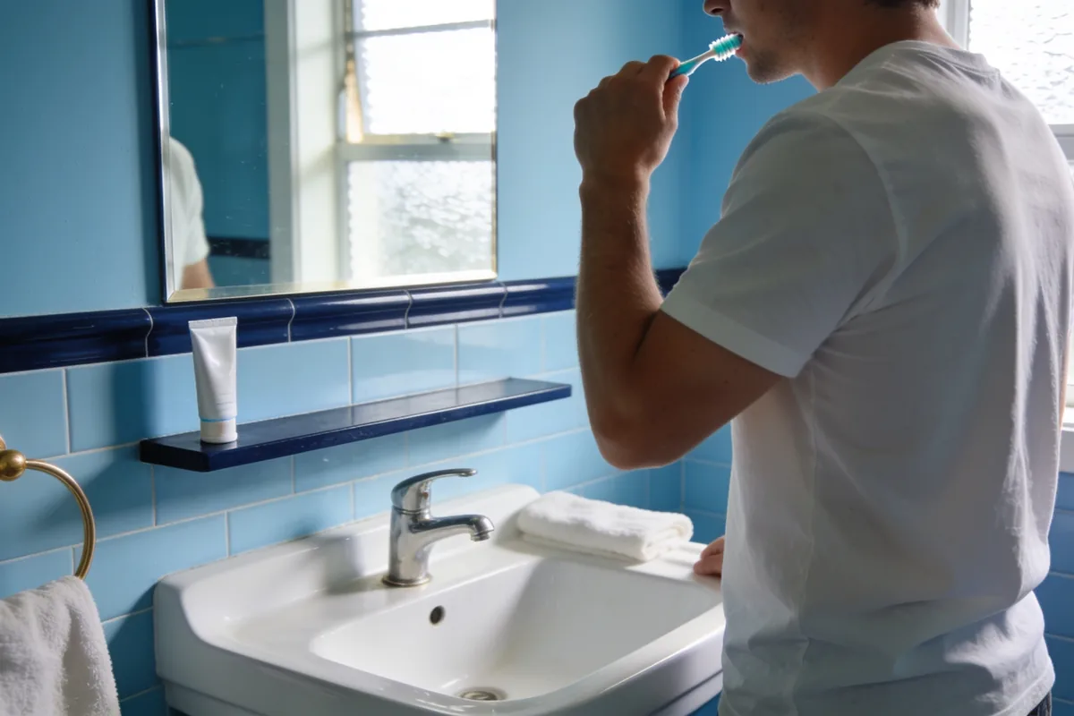 person gently brushing teeth at a bright bathroom basin