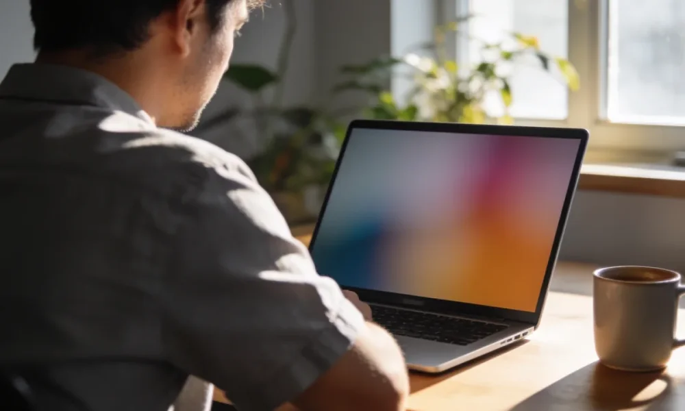 A small business owner studying analytics charts on a laptop at a sunlit desk.