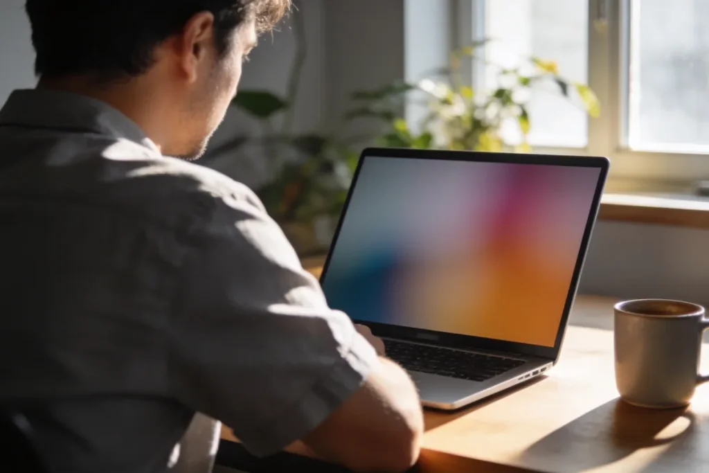 A small business owner studying analytics charts on a laptop at a sunlit desk.
