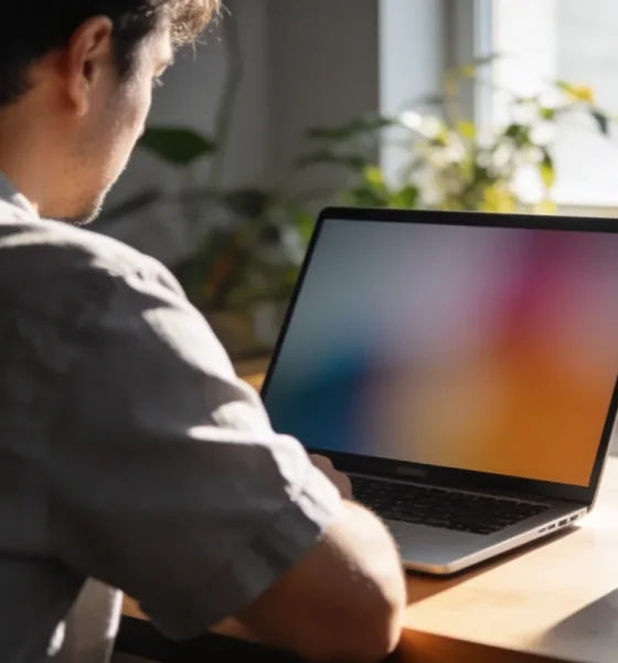 A small business owner studying analytics charts on a laptop at a sunlit desk.