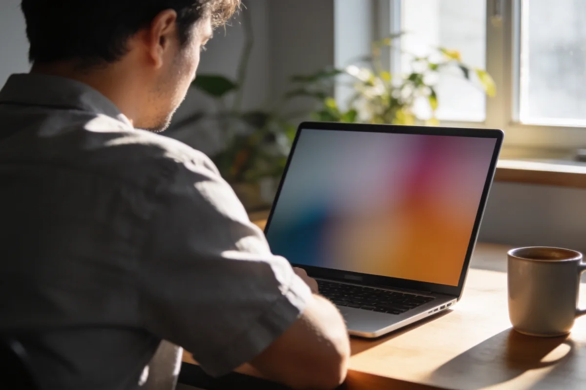 A small business owner studying analytics charts on a laptop at a sunlit desk.