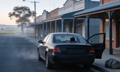 A plain dark sedan parked at the kerb of a country town main street at first light, its rear door open with a soft travel bag standing on the footpath beside it, empty veranda-fronted shopfronts running down the street and mist over the paddocks at the far end