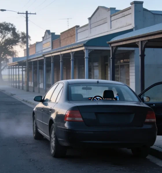 A plain dark sedan parked at the kerb of a country town main street at first light, its rear door open with a soft travel bag standing on the footpath beside it, empty veranda-fronted shopfronts running down the street and mist over the paddocks at the far end