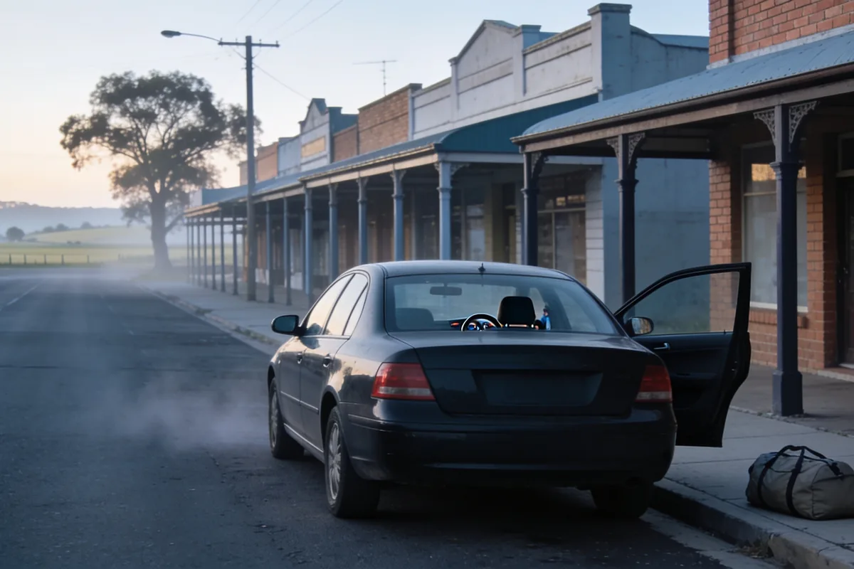 A plain dark sedan parked at the kerb of a country town main street at first light, its rear door open with a soft travel bag standing on the footpath beside it, empty veranda-fronted shopfronts running down the street and mist over the paddocks at the far end