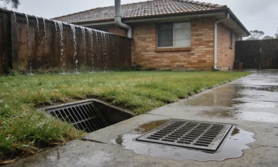 A wet Australian backyard in the rain, with a stormwater grate set into the concrete path and a grated pit in the grass beside it, and an older brick house and timber fence behind.