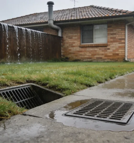 A wet Australian backyard in the rain, with a stormwater grate set into the concrete path and a grated pit in the grass beside it, and an older brick house and timber fence behind.
