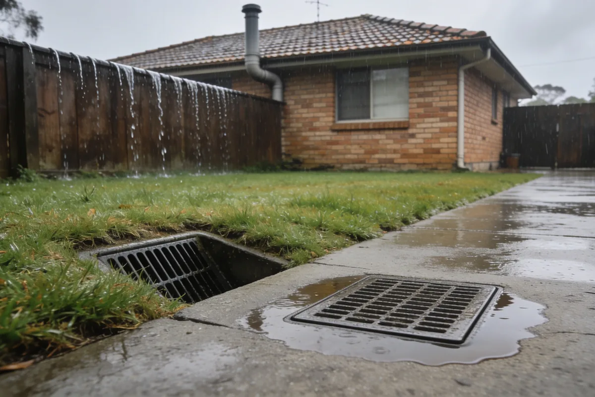 A wet Australian backyard in the rain, with a stormwater grate set into the concrete path and a grated pit in the grass beside it, and an older brick house and timber fence behind.