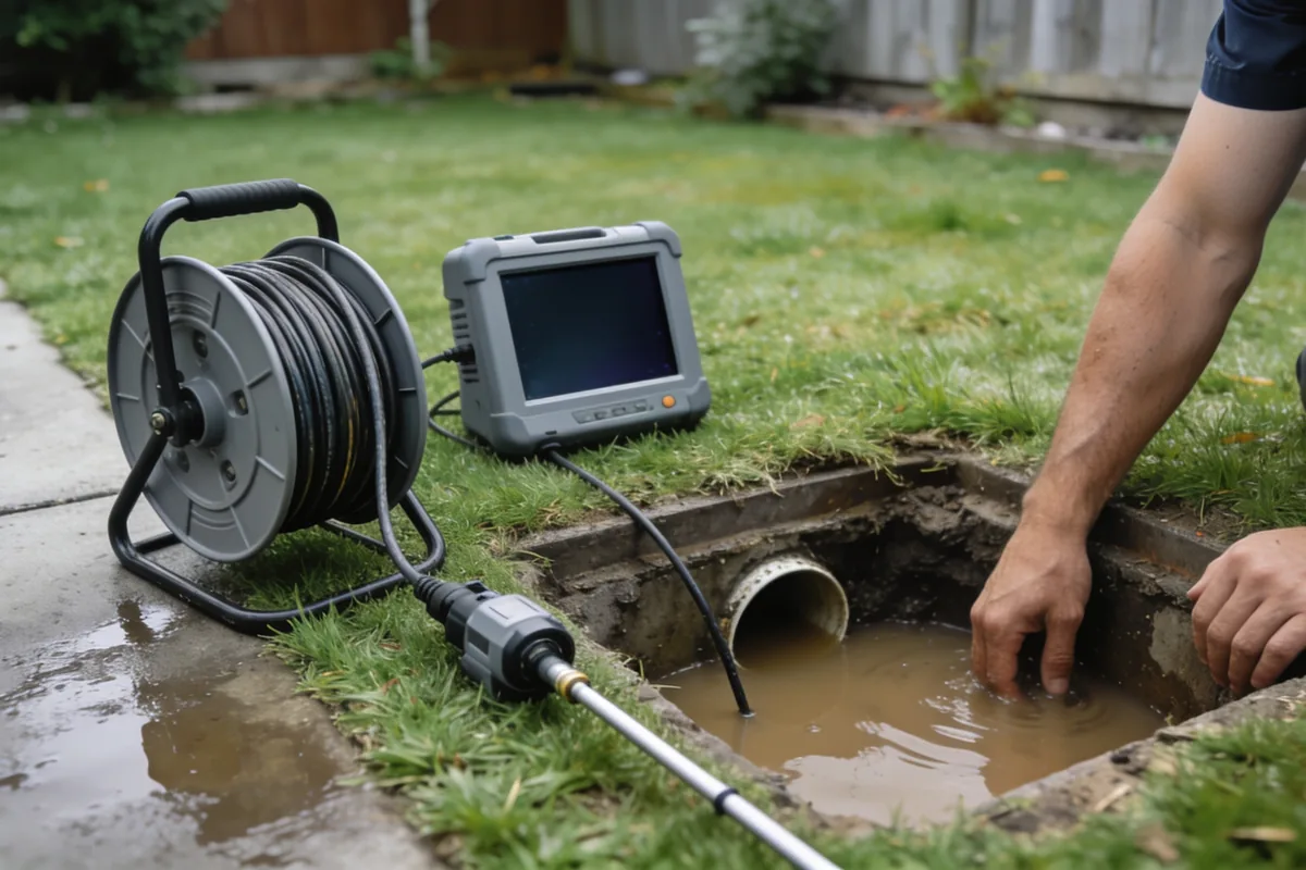 A drain camera reel and its monitor resting on wet grass beside an open stormwater pit in an Australian backyard, the camera rod entering the pipe, a plumber's forearm at the edge of frame and muddy water in the pit.