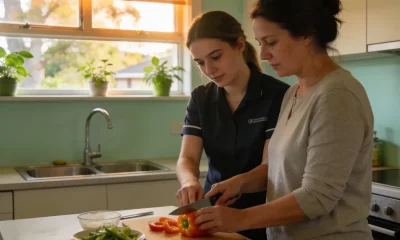 Support worker and a resident talking in the living room of a bright supported-living home