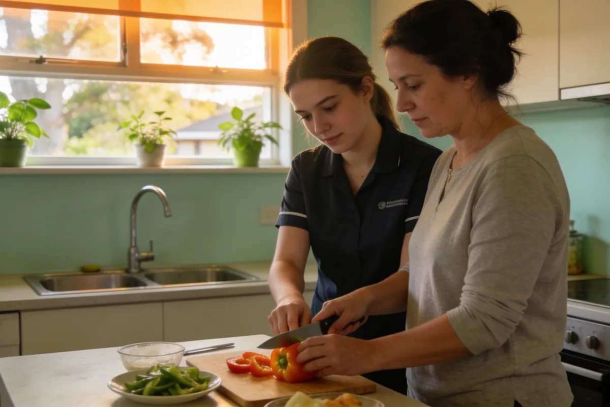 Support worker and a resident talking in the living room of a bright supported-living home