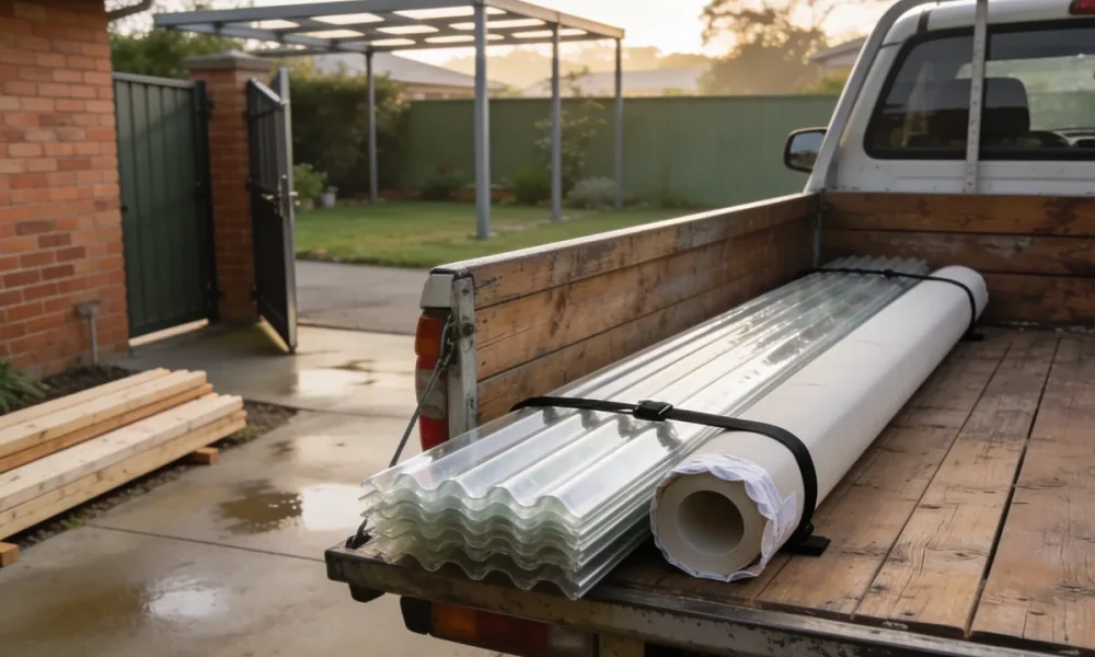 Flatbed ute loaded with translucent corrugated roofing sheets and a wrapped roll of flashing strapped to its timber tray, with lengths of timber stacked on the ground beside an open gate and a pergola frame in the yard beyond