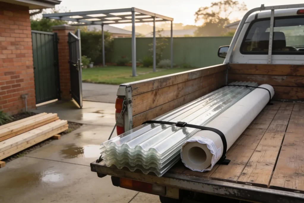 Flatbed ute loaded with translucent corrugated roofing sheets and a wrapped roll of flashing strapped to its timber tray, with lengths of timber stacked on the ground beside an open gate and a pergola frame in the yard beyond