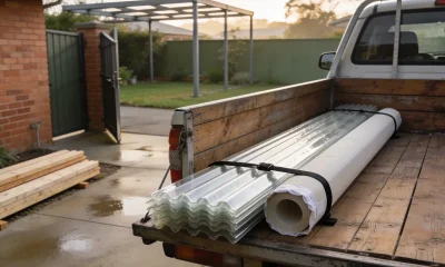 Flatbed ute loaded with translucent corrugated roofing sheets and a wrapped roll of flashing strapped to its timber tray, with lengths of timber stacked on the ground beside an open gate and a pergola frame in the yard beyond