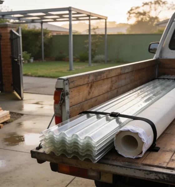 Flatbed ute loaded with translucent corrugated roofing sheets and a wrapped roll of flashing strapped to its timber tray, with lengths of timber stacked on the ground beside an open gate and a pergola frame in the yard beyond