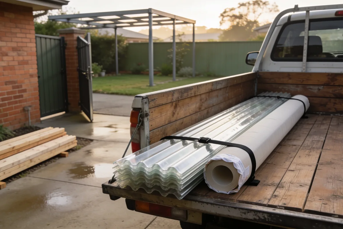Flatbed ute loaded with translucent corrugated roofing sheets and a wrapped roll of flashing strapped to its timber tray, with lengths of timber stacked on the ground beside an open gate and a pergola frame in the yard beyond