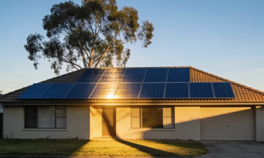 rooftop solar panels on an Australian house in late sun