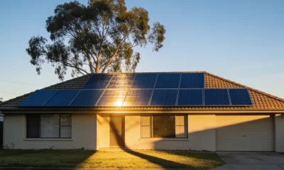 rooftop solar panels on an Australian house in late sun