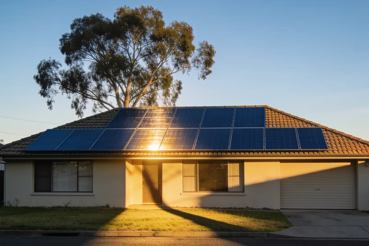 rooftop solar panels on an Australian house in late sun