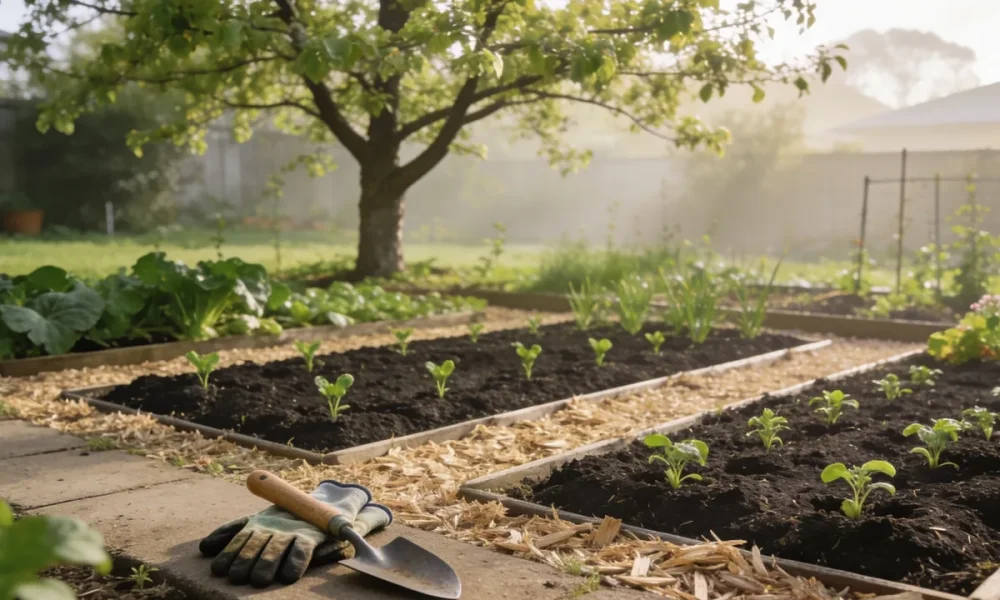 A neat Australian backyard vegetable and flower garden in early spring with freshly turned dark beds edged with light mulch, small seedlings showing, and gardening gloves and a trowel resting on the path.