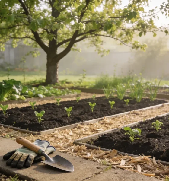 A neat Australian backyard vegetable and flower garden in early spring with freshly turned dark beds edged with light mulch, small seedlings showing, and gardening gloves and a trowel resting on the path.