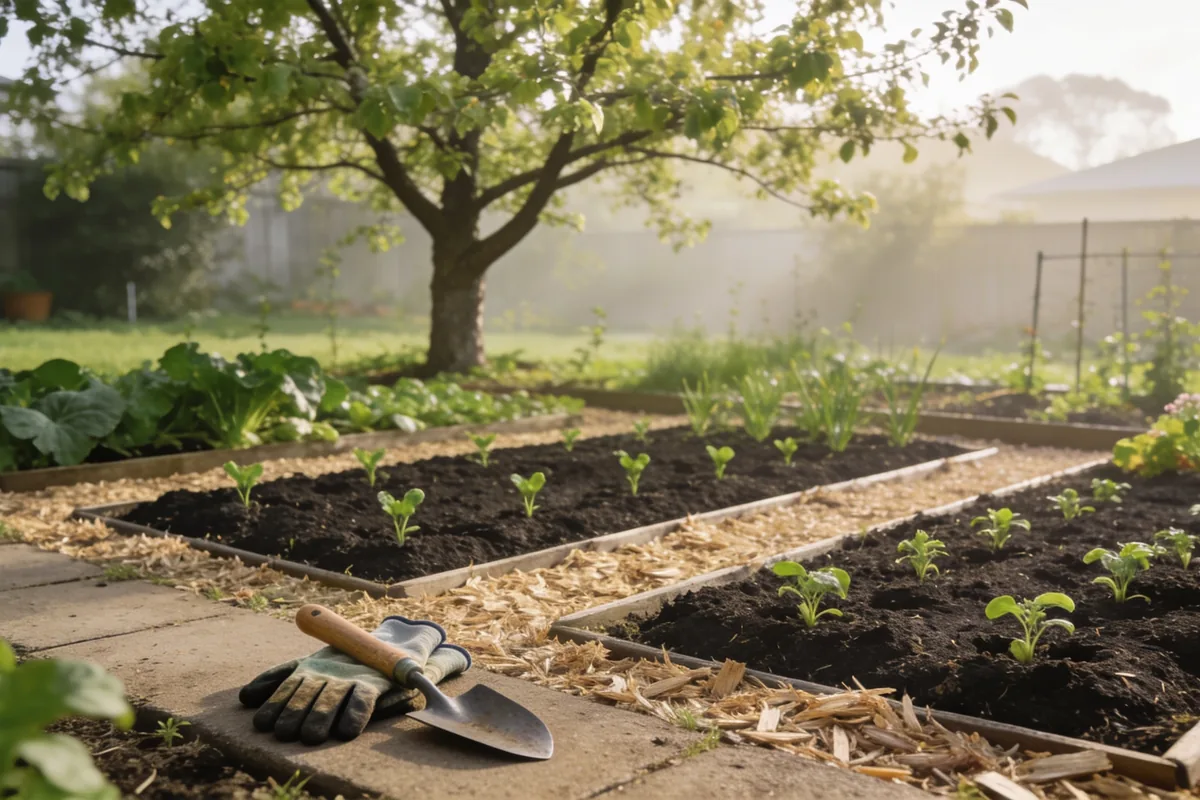 A neat Australian backyard vegetable and flower garden in early spring with freshly turned dark beds edged with light mulch, small seedlings showing, and gardening gloves and a trowel resting on the path.