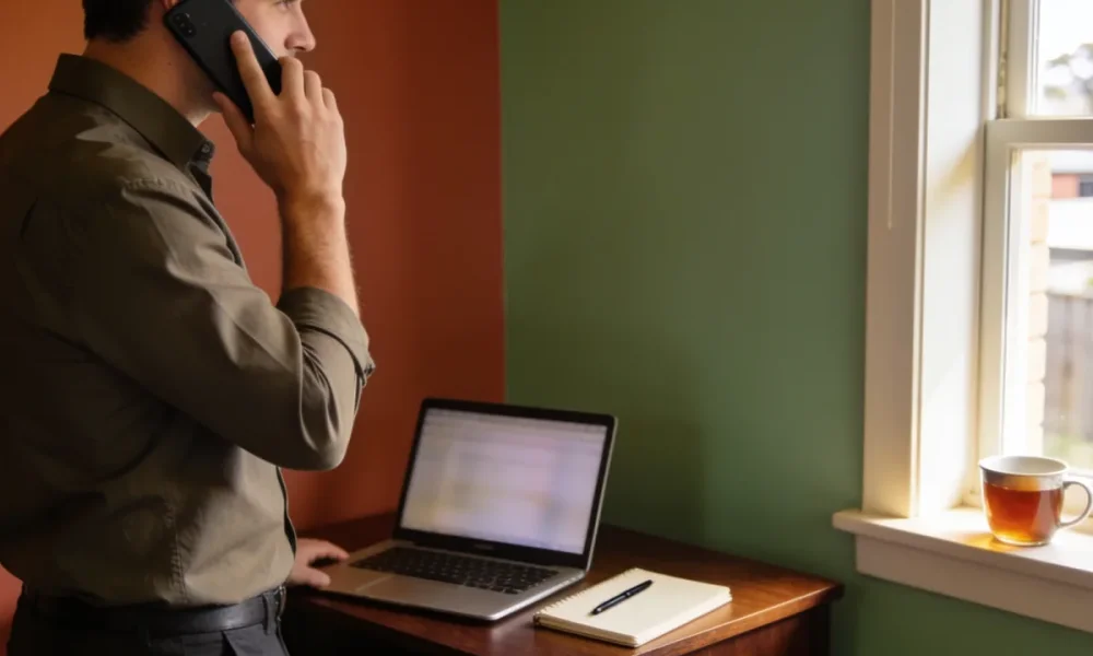 Consultant on a phone call beside an open laptop and notebook at a bright home-office desk.