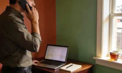 Consultant on a phone call beside an open laptop and notebook at a bright home-office desk.