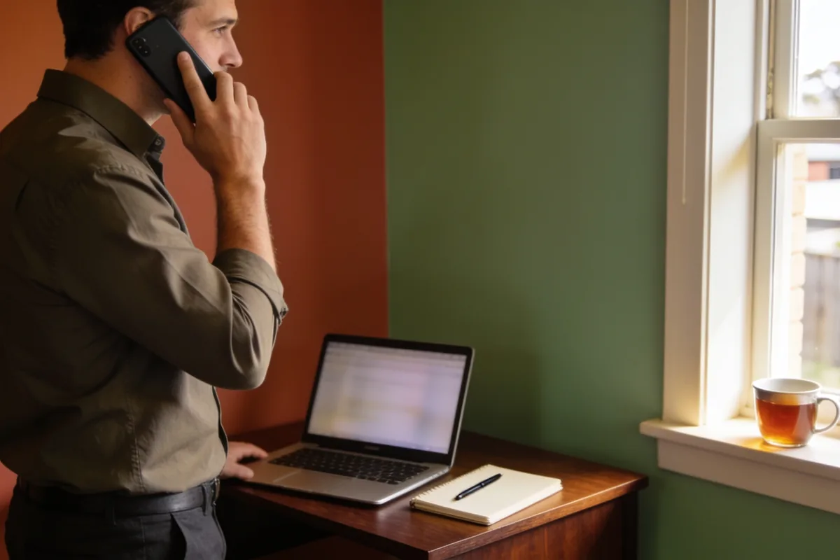 Consultant on a phone call beside an open laptop and notebook at a bright home-office desk.