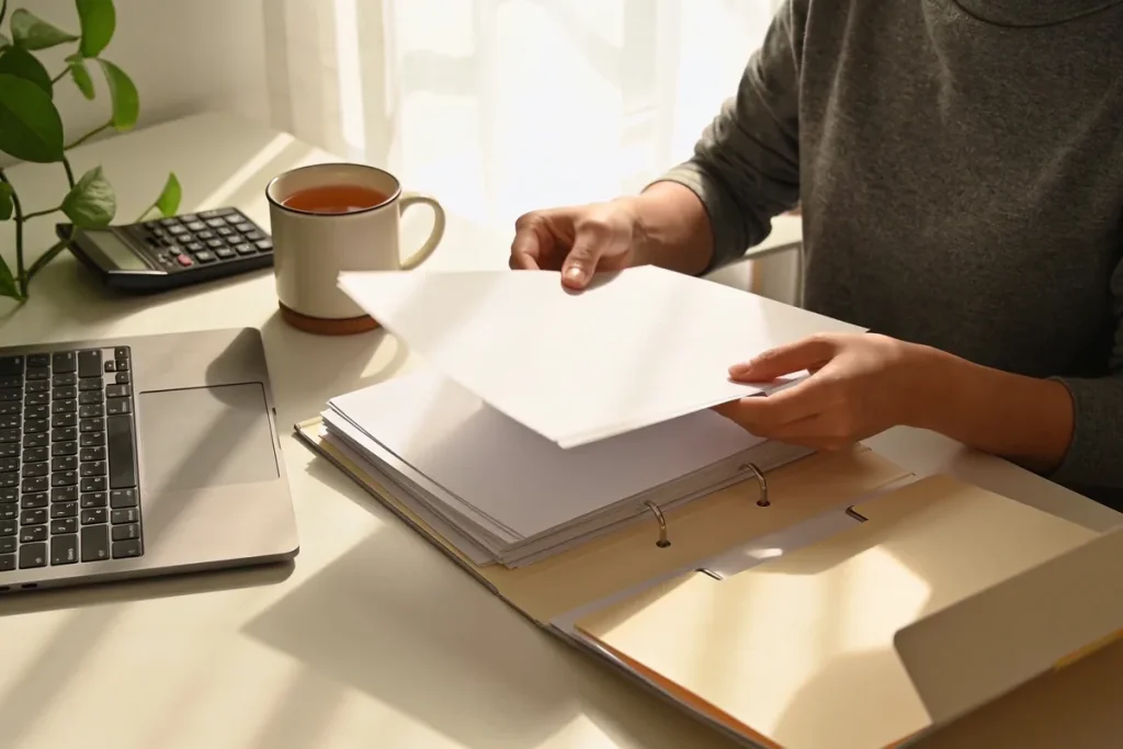 A person sorting blank papers into folders at a tidy home office desk in natural light.