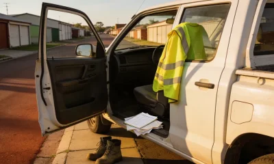 White work utility vehicle parked on a suburban Laverton street, driver door open, high-vis vest, blank logbook and papers on the seat.