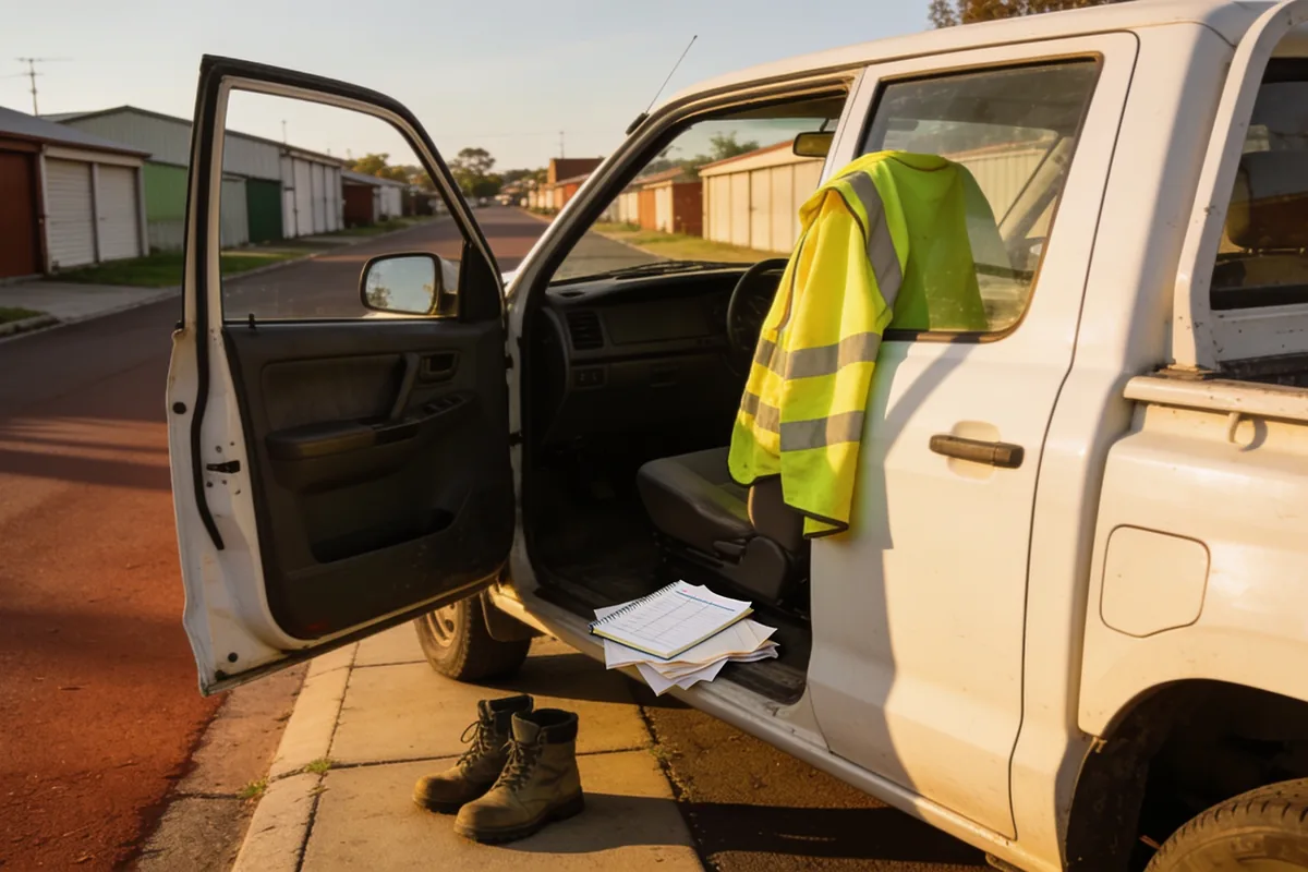 White work utility vehicle parked on a suburban Laverton street, driver door open, high-vis vest, blank logbook and papers on the seat.