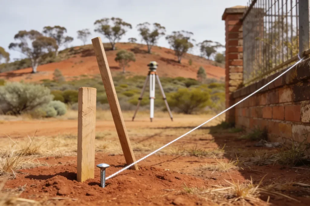 A short timber survey peg with a bright nail in its centre standing in red-brown earth beside a leaning stake, with a taut white string line running to the corner of an older brick fence and a surveyor's tripod out of focus beyond