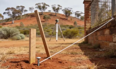 A short timber survey peg with a bright nail in its centre standing in red-brown earth beside a leaning stake, with a taut white string line running to the corner of an older brick fence and a surveyor's tripod out of focus beyond