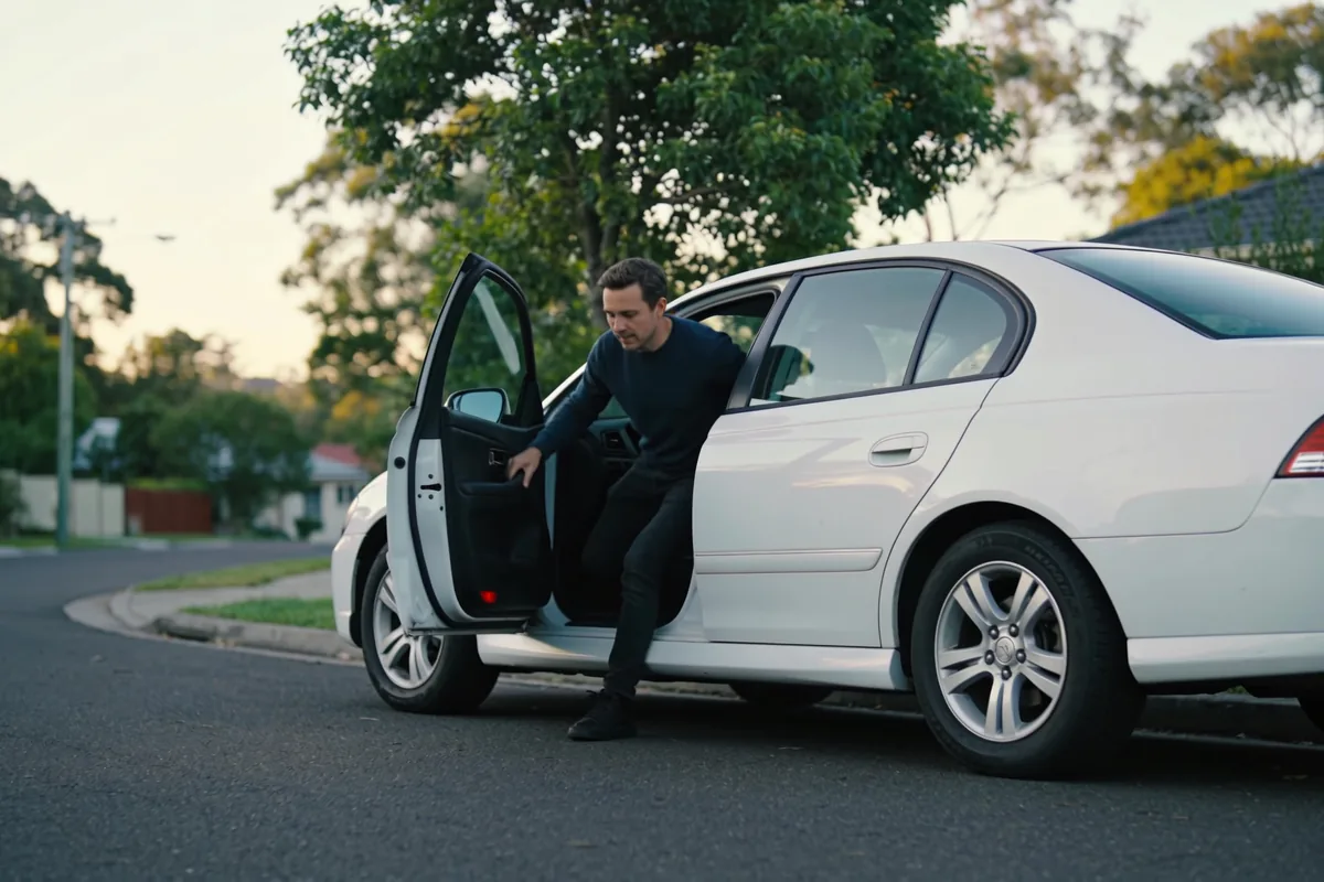 A passenger stepping into the back seat of a waiting car on a quiet suburban street in daylight.