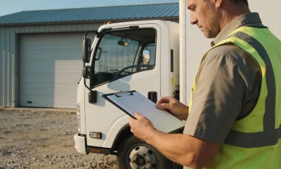 A transport business owner reviewing paperwork beside a truck in a yard in daylight.