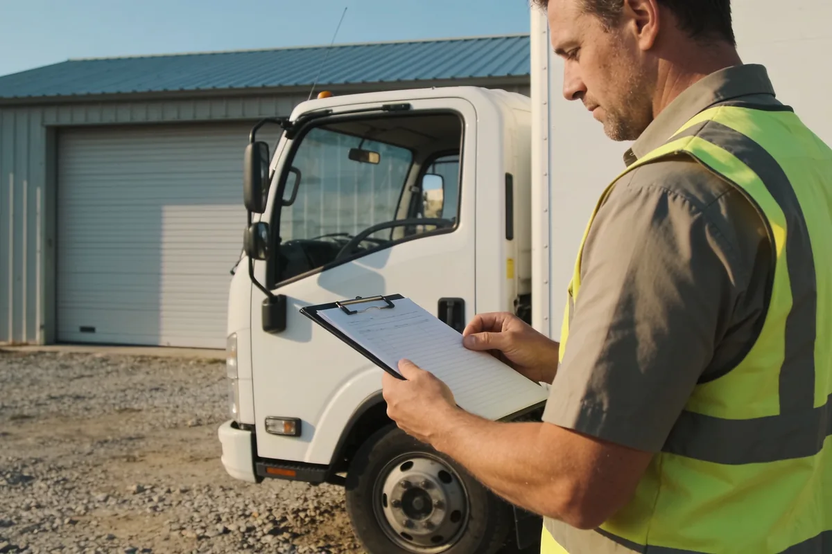 A transport business owner reviewing paperwork beside a truck in a yard in daylight.